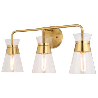Blodwyn 3-Light 23.5 in. Wide Natural Brass Gold Mid-Century Modern Bathroom Vanity Lighting Fixture, Clear Glass Shade, Dimmable, LED Compatible, Reversible Over the Mirror Mounted Metal Wall Sconce