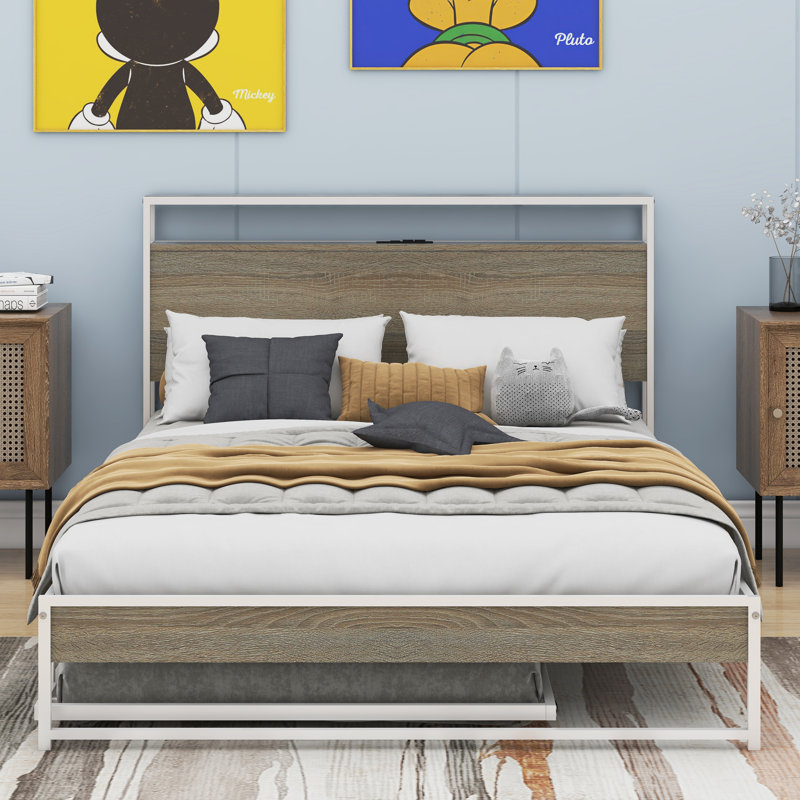 Full Size Metal Platform Bed Frame With Trundle And USB Ports, White