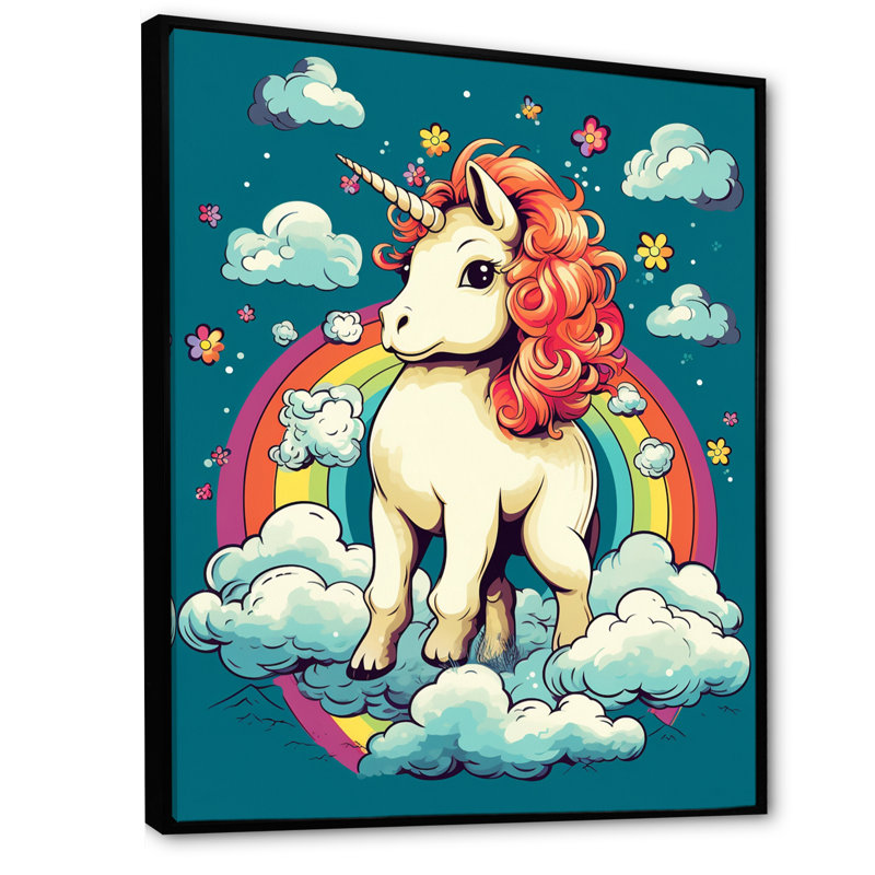 Adorable licorne et arc-en-ciel sur toile, H 32 po x l 24 po, Cadre flottant noir