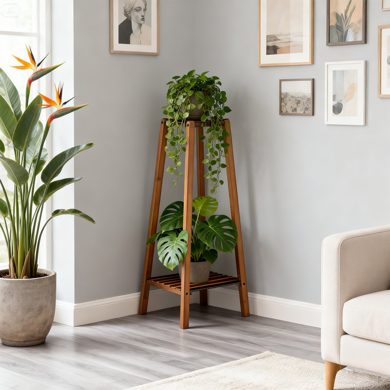 Support pour plante à 2 niveaux, support en pot en bambou, étagère pour pot de fleurs, salon, balcon, jardin