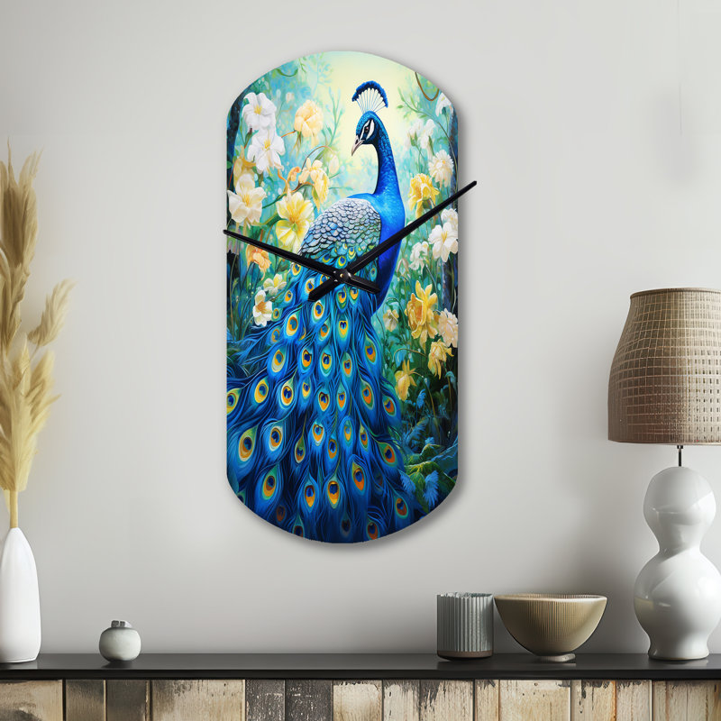 Horloge murale en métal bleu sarcelle symboliste - paon, Petit