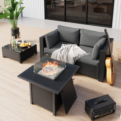 Chaises sans assemblage, ensemble de mobilier de patio pour 2 personnes Ensemble de conversation modulaire en osier avec conversation extérieure et foyer d'extérieur (housses de coussin bleues incluses)