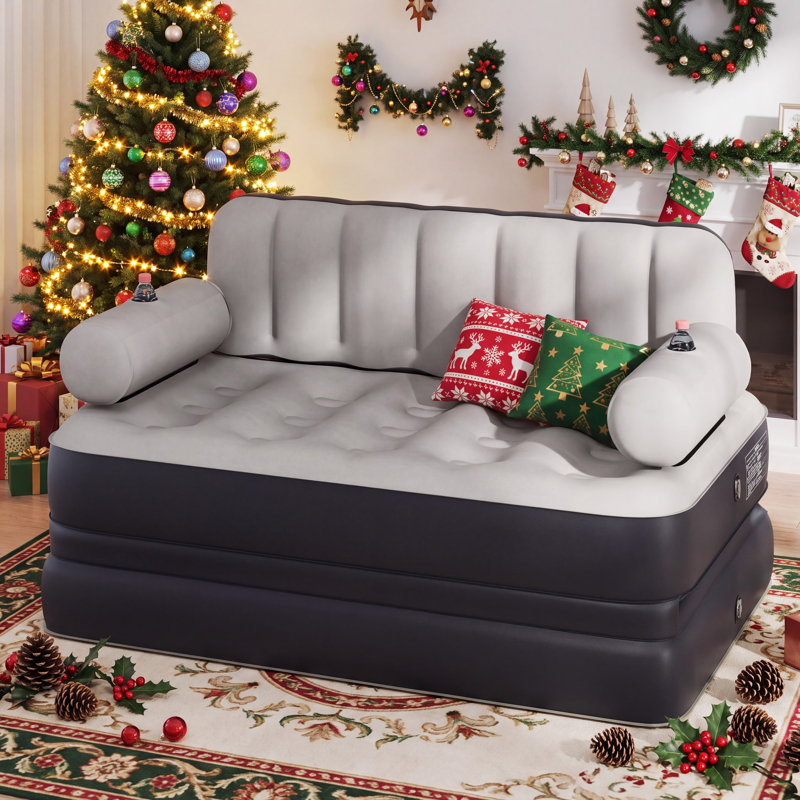 Matelas pour canapé-lit gonflable 2 en 1 grand avec dossier capitonné gris, Beige/Grey