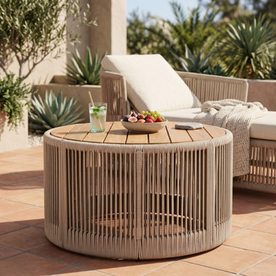 Table basse ronde avec structure en bois d'acacia et en fer, table centrale rustique moderne de 26 po avec des détails en corde pour le salon, le coin-détente ou un coin lecture