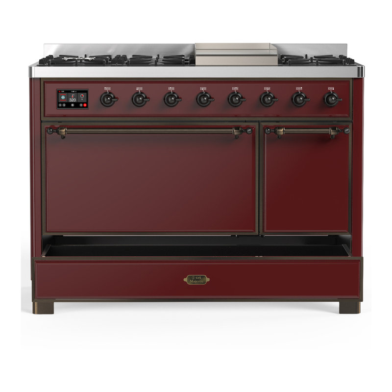 Majestic III Series 48 Inch Dual Fuel Range with 5 Sealed Burners, Griddle, Frenchtop in Burgundy (Liquid Propane, Burnished Trim)