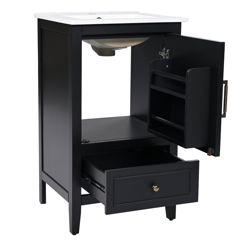 Meuble-lavabo de salle de bain avec évier 20 po - noir, armoire de style moderne, patins réglables, eau, teinture, poids de l'ensemble de 88,18 lb, bois véritable et planches, trop-plein intégré en céramique, tiroir, H 34,4 po