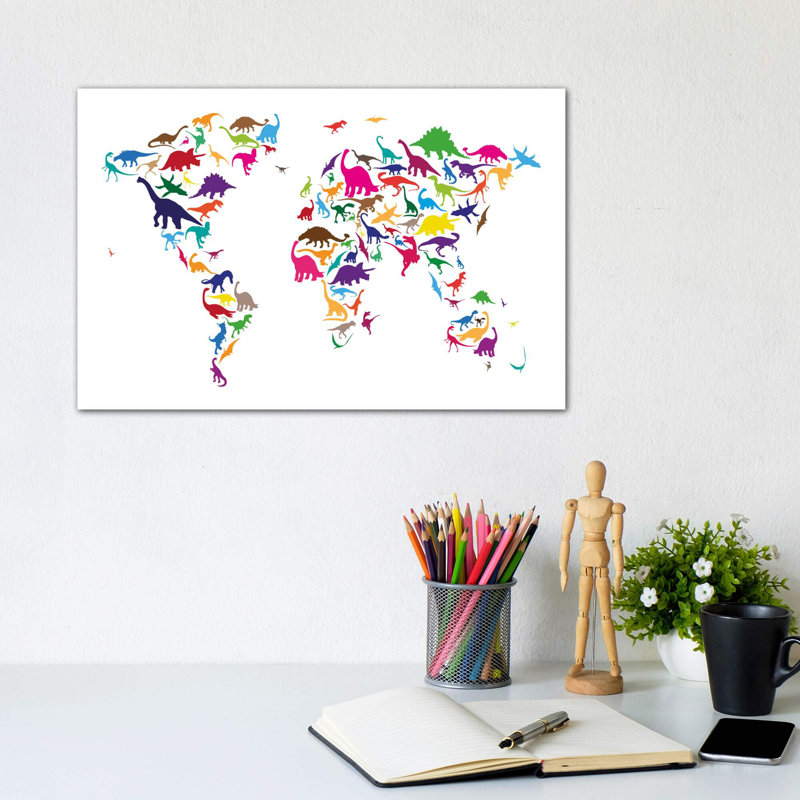 Dinosaur Map Of The World Map II by Michael Tompsett - Print on Canvas, No Frame, 20.32 cm H x 30.48 cm W