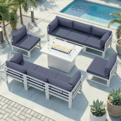 9-Piece 8-Person Outdoor Patio All-Aluminum Sectional Conversation Set with 60,000 BTU Fire Pit Table and Cushions