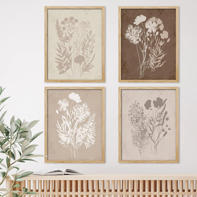 «Vibrant Wildflower» IDÉE4WALL, art mural encadré bouquet de fleurs de forêt grunge, ensemble de 4 impressions murales nature sauvage, décoration murale botanique floral pour le salon, impression encadrée de chambre à coucher 4 pièces
