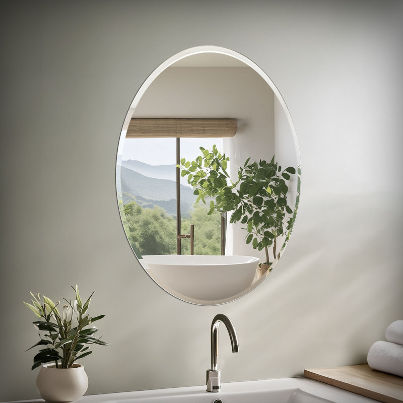 Modern Frameless Beveled Oval Wall Bathroom / Vanity Mirror, 32" H x 24" W