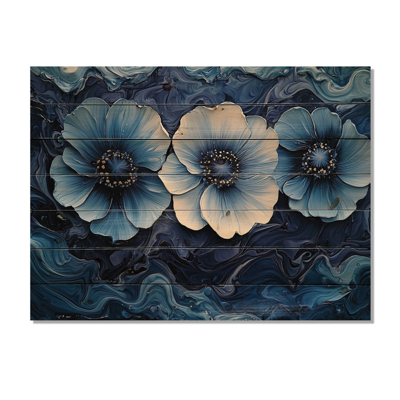 «Aqua Blue Poppies Dreamscape At Night I» - Art mural en bois coquelicots - sur bois de pin naturel