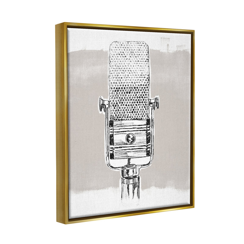 Dessin rétro de musique de microphone par June Erica Vess, H 31 po x l 25 po x P 1,7 po, Cadre flottant métallique doré