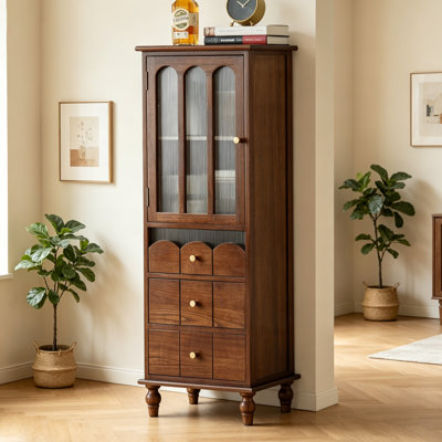 Armoire de rangement 15,75 "à grands tiroirs vintage brun, porte en verre avec plusieurs tiroirs