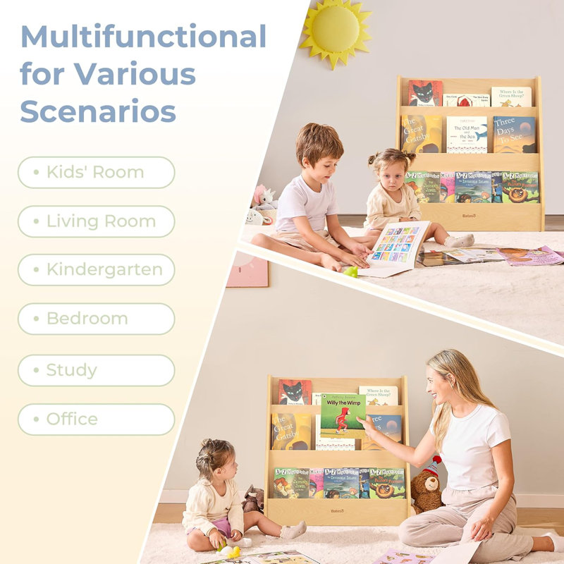 Medium Single-Sided Bookshelf, 3-Tier Kids Bookshelf With Storage, Premium Wood Book Shelf For Kids Rooms, Magazine And Book Storage Rack, Montessori Shelf For Classrooms, Playrooms, Nursery