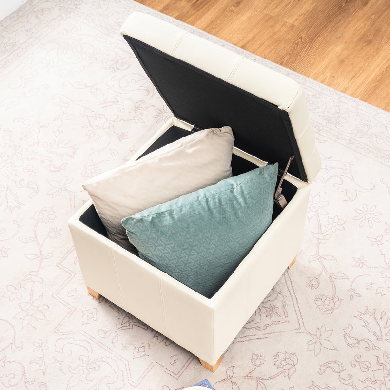 17.5" Square Faux Leather Storage Ottoman With Tufted Lid, Off-White Faux Leather, Natural Wood