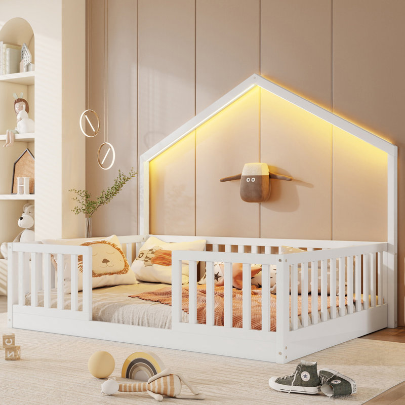Floor Bed With High Safety Rails, Wooden Montessori Design For Kids, Boys And Girls, Full, White