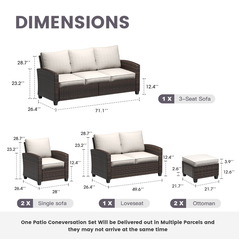 7 Seats Wicker Patio Conversation Set with Cushions, Brown Frame/Sand Cushion