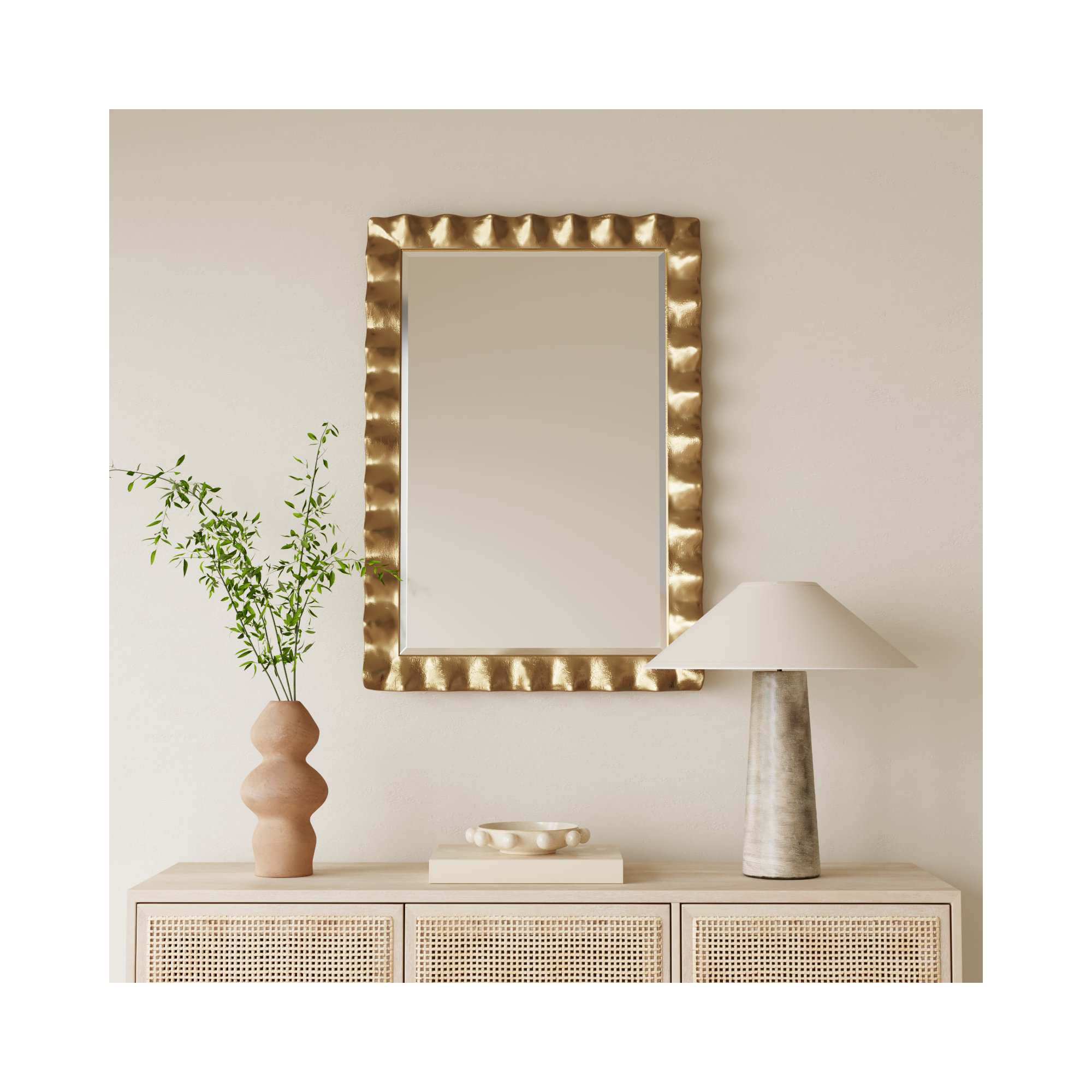 Edith Metal Scalloped Wall Mirror, Lightly Antique Gold Leaf