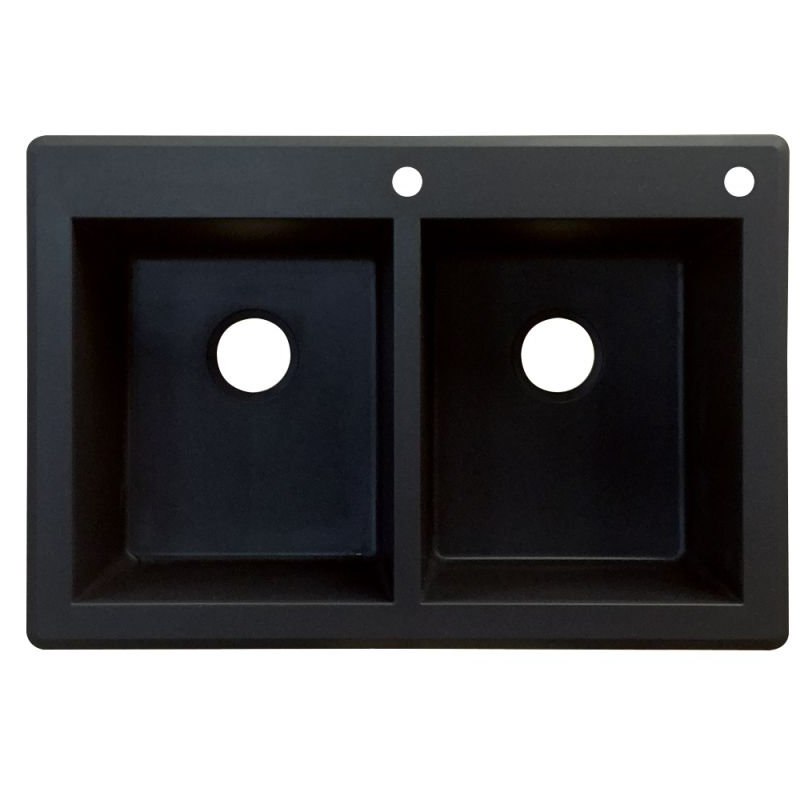 Radius 33.0625'' L Double Bowl Granite Kitchen Sink, Black, 2 hole