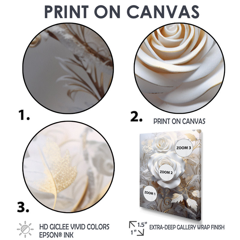 «White Rose Golden Golden Ethereal Leaves» - impression d'art mural rose, Toile avec cadre flottant noir