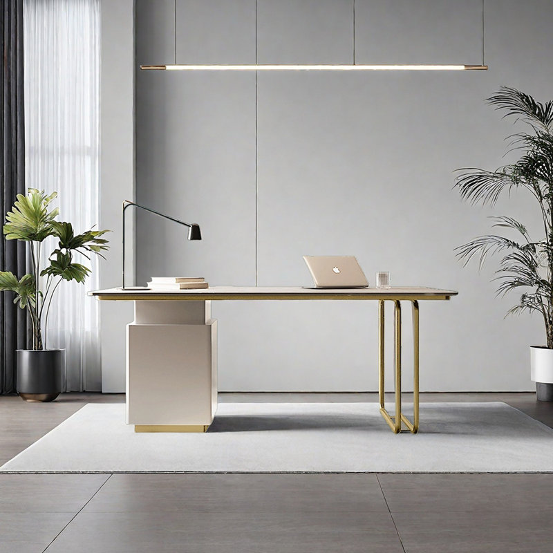 Bureau en pierre frittée avec tiroirs, H 28,74 po x l 55,12 po x P 27,56 po, Doré / Blanc