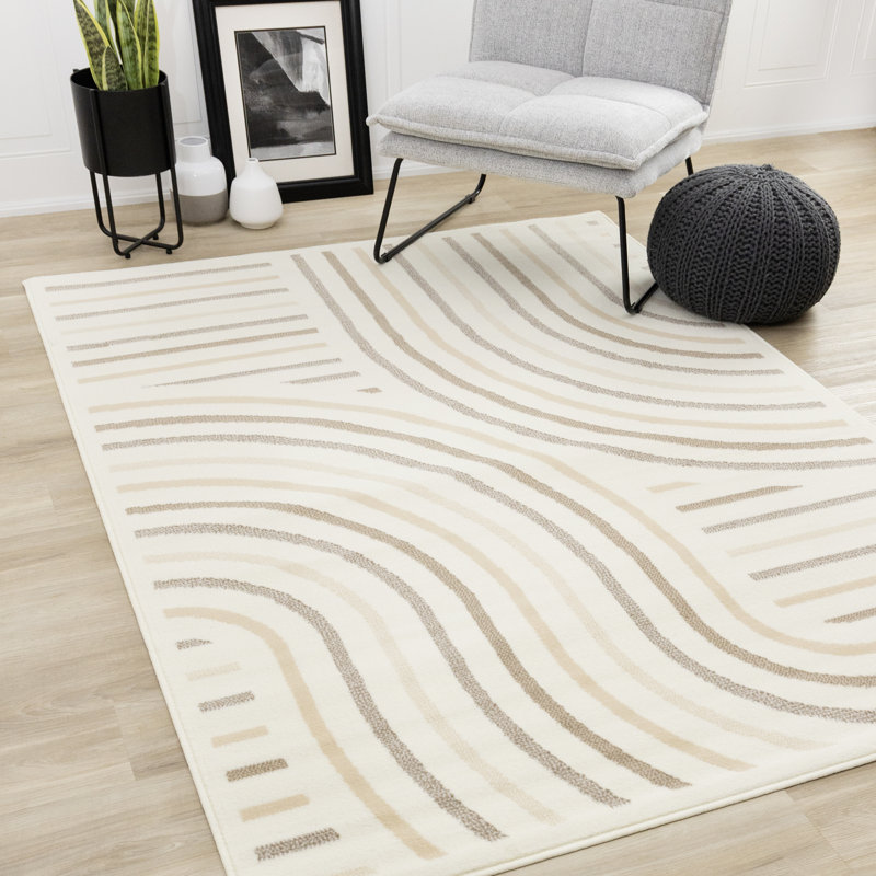 Fresno Cream Beige Neutral Curved Area Rug, Rectangle 7'9" x 10'6"