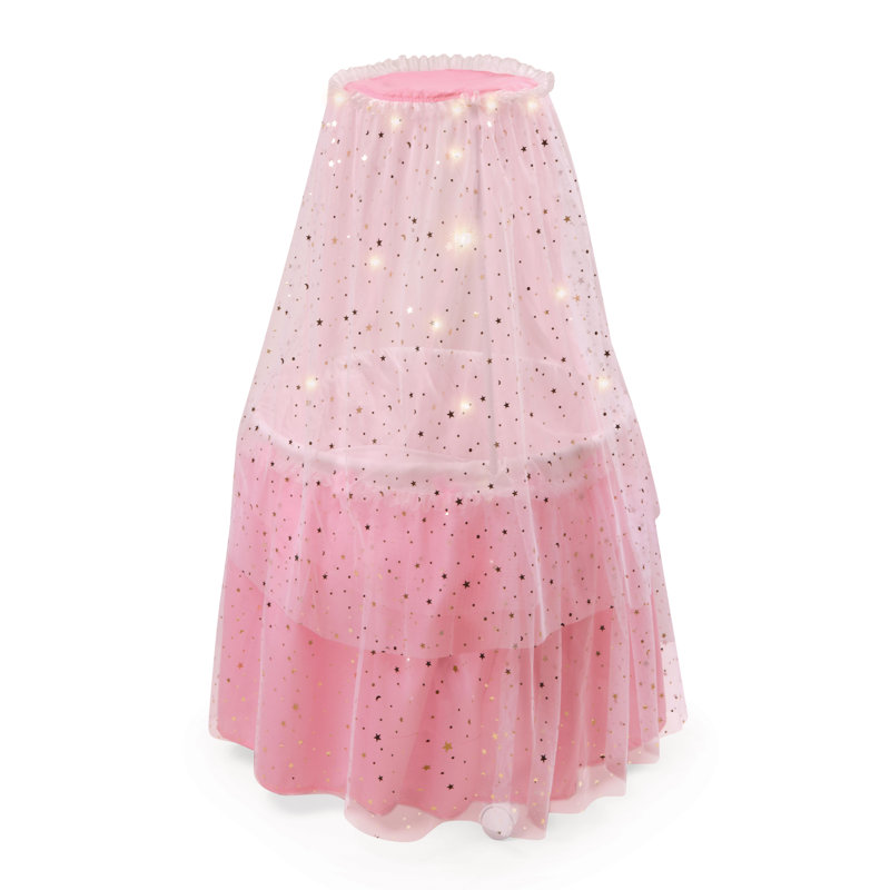Pink and White Doll Bassinet with Canopy and LED Lights