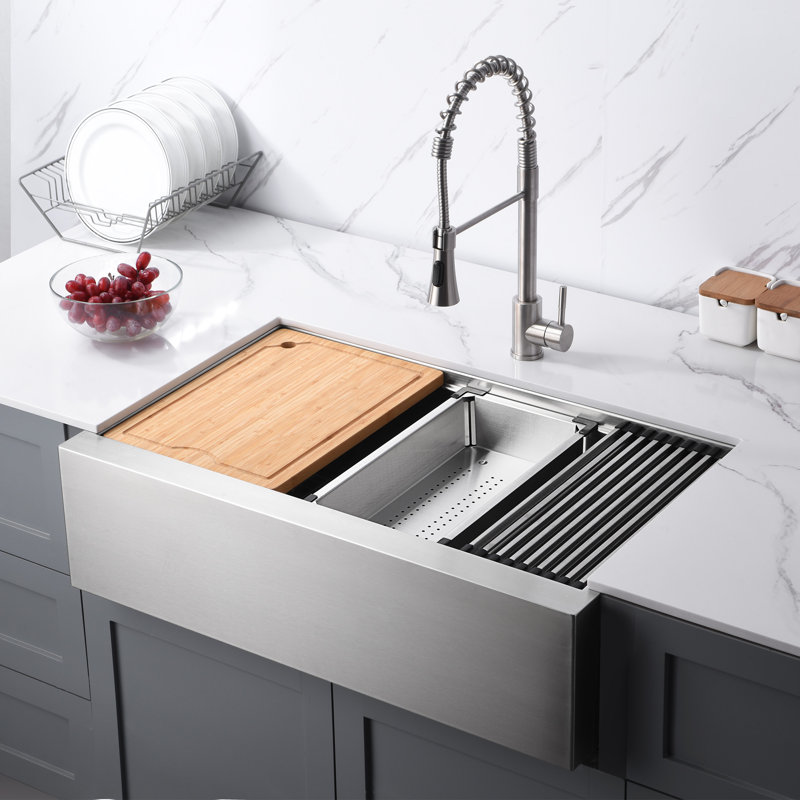 Farmhouse Apron Single Bowl Stainless Steel Kitchen Sink Workstation with Accessories, 36" W x 20.25" D x 10" H