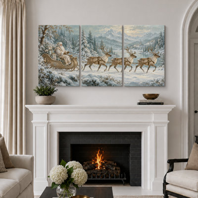 Christmas Holiday Celebration " Santa Claus Reindeer Winter Christmas Landscape Artwork, Living Room Pictures, Framed Canvas Giclee Print 3 Pieces Wall Art - 16"x24"x3pcs, 24"x36"x3pcs " Print