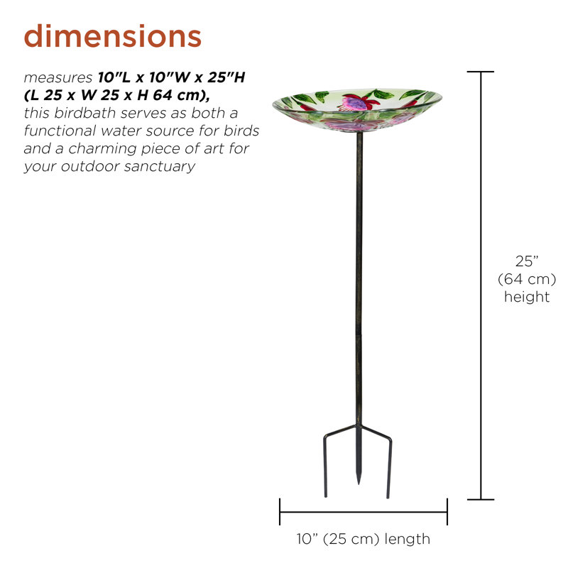 10" Floral Glass Stake Birdbath with Hummingbird Design