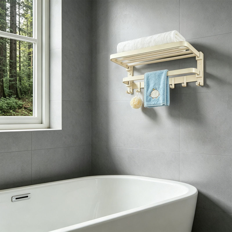 Foldable Bathroom Shelf, Wall Mounted Towel Rack, Beige