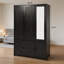 Armoire-penderie DEL en bois noir à 4 portes avec miroir, 2 tiroirs, tringle et étagères réglables.