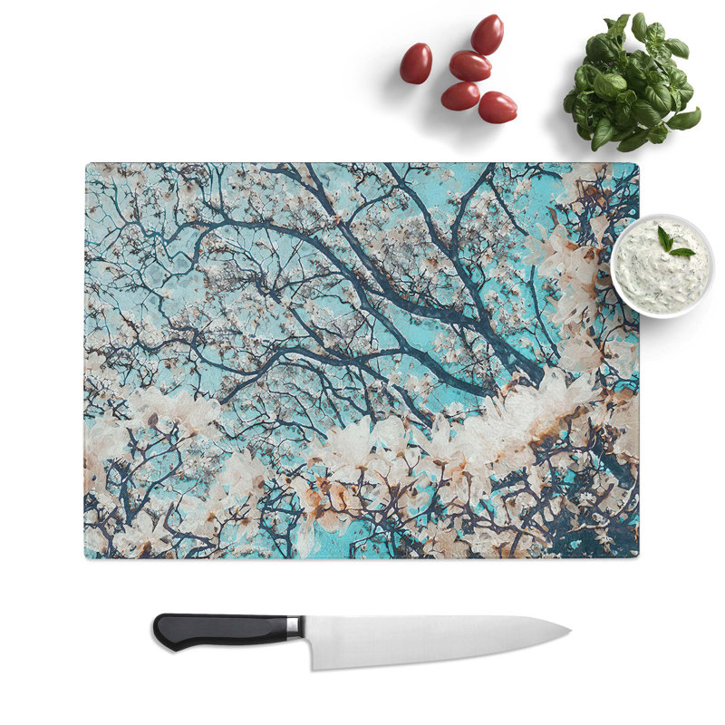 Tempered Glass Pale Magnolia Tree Chopping Board, 28.5 cm W x 20 cm L