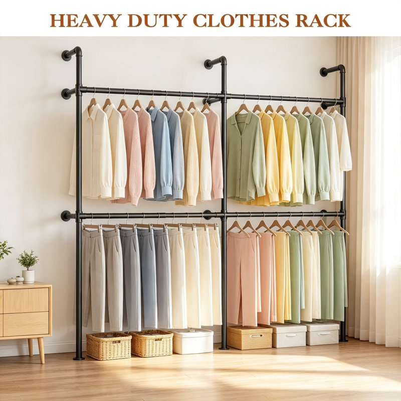 Industrial Telescopic Wall Mount Clothes Rack, Extendable Adjustable Garment Hanging Rail, Metal Storage Clothes Rod Extends to 219cm for Bedroom & Wardrobe