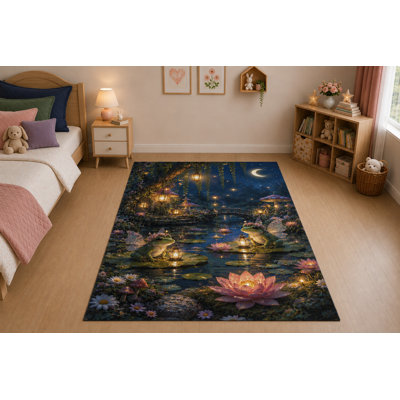 Tapis « Ultra fin » 152 x 213 cm (5 pi x 7 pi) à motif de grenouilles féeriques et d'étang au clair de lune, idéal pour le salon, la chambre et le bureau. Moquette douce à poils courts avec envers antidérapant en silicone, bleu et rose.
