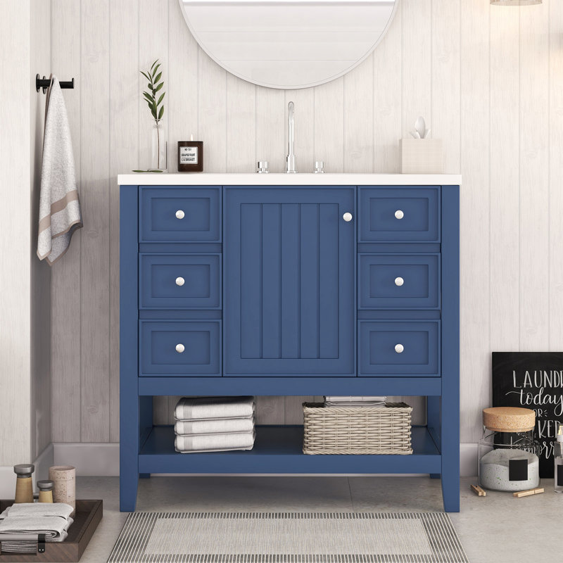 Ensemble de meuble-lavabo 36 po avec lavabo, une armoire et trois tiroirs, panneau en bois massif et panneau de fibres à densité moyenne, meuble-lavabo