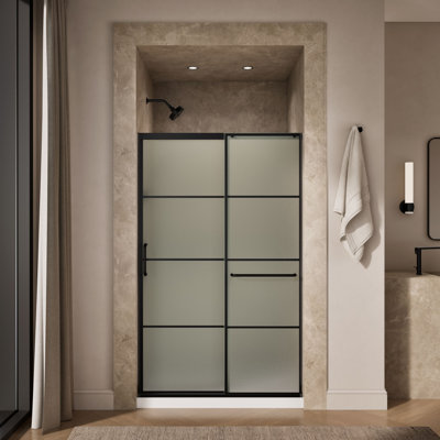Elate Tall Sliding Shower Door, 75-1/2-In H X 44-1/4 - 47-5/8-In W, With Heavy 5/16-In Thick Frosted Glass With Rectangular Grille Pattern