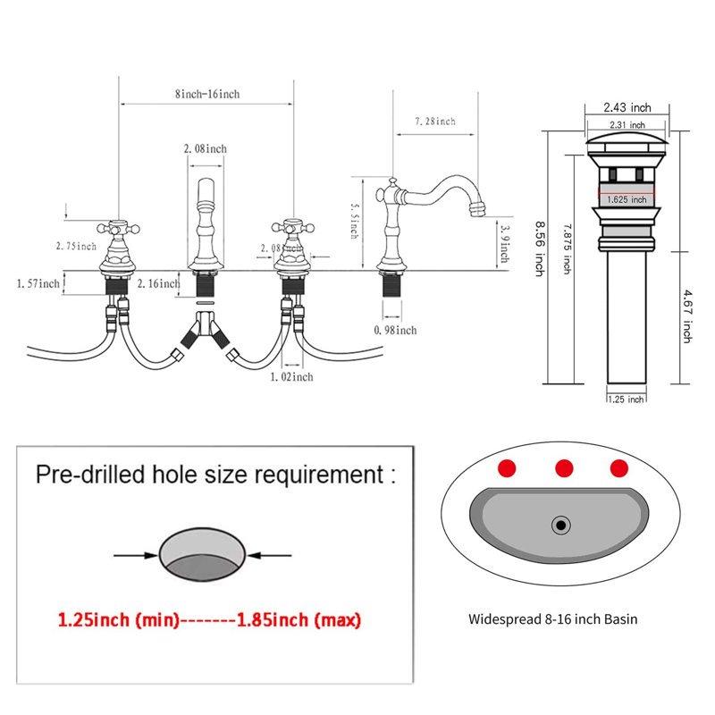 Robinet de salle de bain à large entraxe avec bonde, Chrome poli
