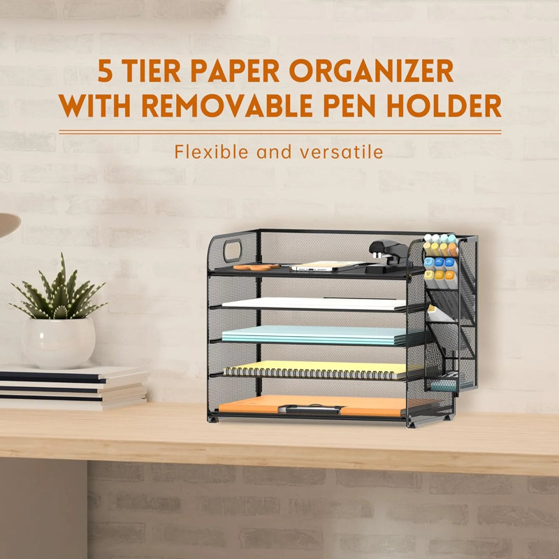 Organisateur de bureau en filet à 5 niveaux avec poignée et porte-stylos amovibles, Noir