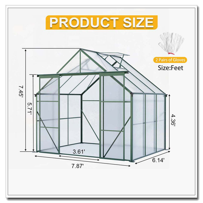 8X6FT-Green Double Door Polycarbonate Greenhouse Raised Base and Anchor Aluminum Heavy Duty Walk-in Greenhouses for Outdoor Backyard in All Season