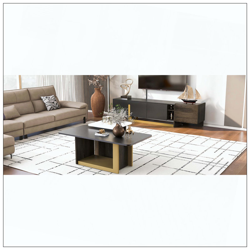 TV Stand & Coffee Table Set (2 Pieces), TV Console + Wood Coffee Table, Spacious Top, Storage Cabinet, Open Adjustable Shelves