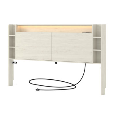 King Size Headboard With Smart Color-changing Led Lights & Built-in Charging Station, Bedroom Headboard With Storage & Magnetic Doors