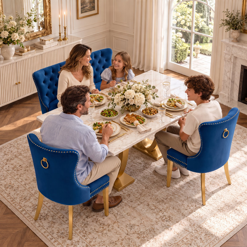 Ensemble de coin repas 3 pièces avec banc capitonné et chaises de salle à manger rembourrées, Doré, Bleu, Doré