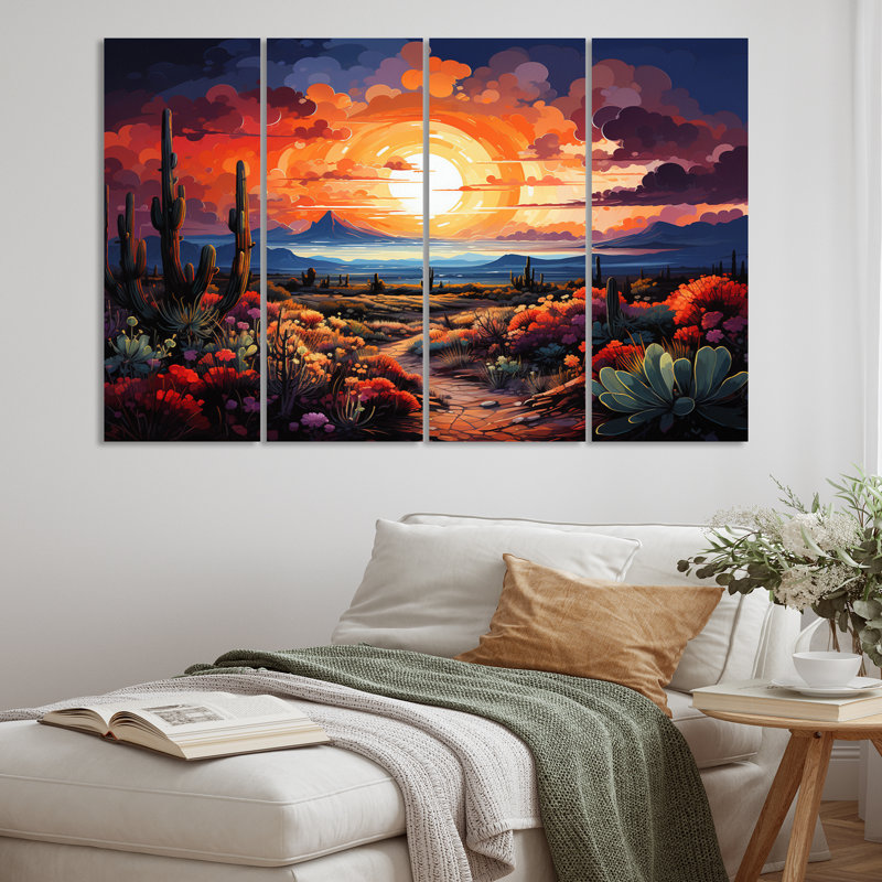 Western Desert Serenade Pointillism Landscape II - décoration murale occidentale - 4 panneaux