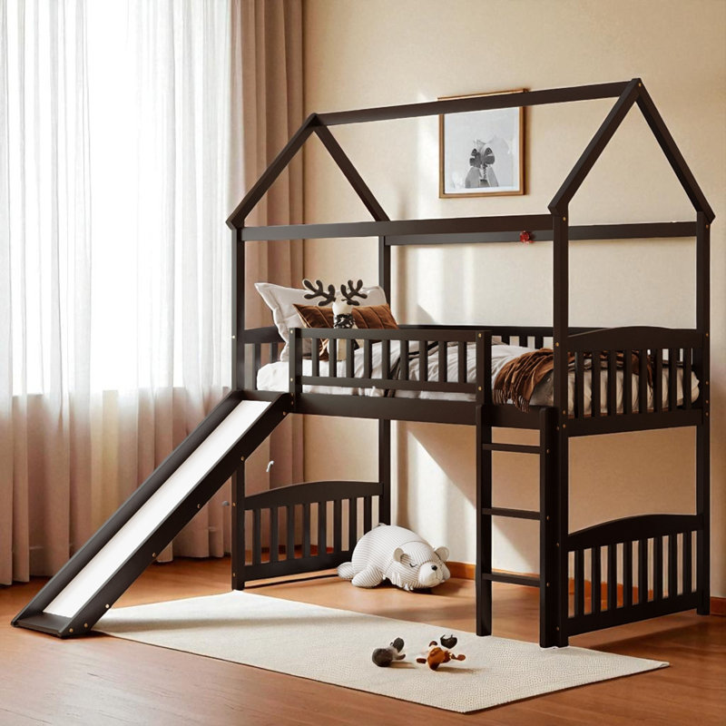 Twin Size Low Loft Bed With Slide, Espresso