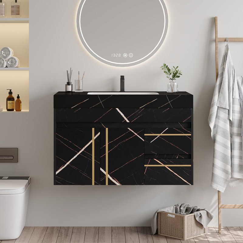  Meuble-lavabo flottant 35,2 po avec lavabo simple, plateau en marbre doré noir, armoire murale, noir et blanc