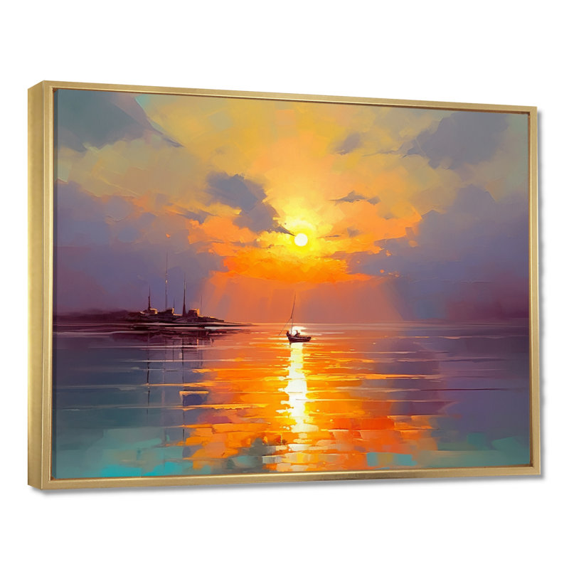 Bateau qui quitte le port, coucher de soleil doré - décor d'art mural coucher de soleil, Toile avec cadre flottant or