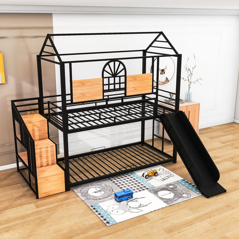 Hamler Twin Over Twin Metal Bunk Bed with Slide and Storage Stair, Black