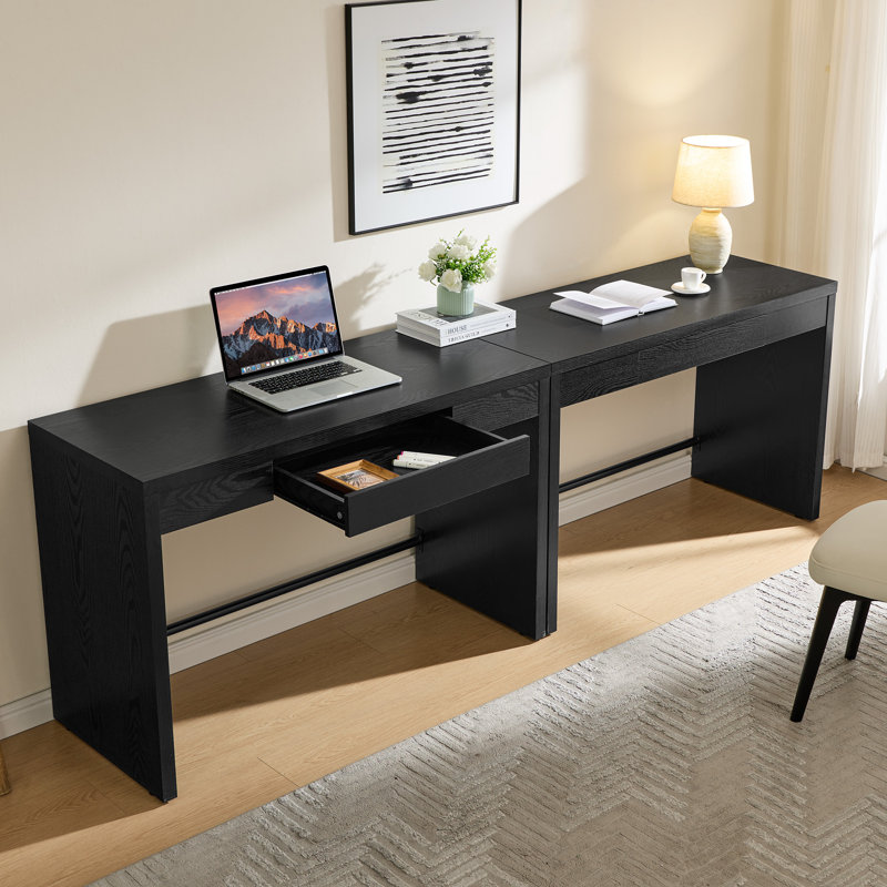Boho Minimalist Wood Desk With Hidden Drawer, Black Oak