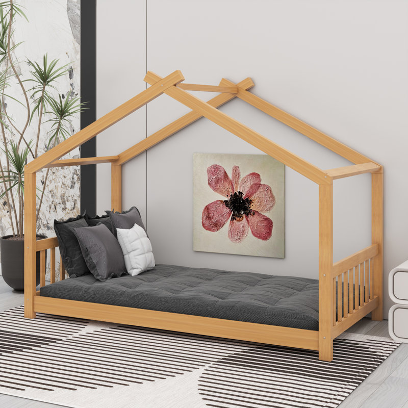 Structure de lit en bois avec clôture en bois, tête de lit et tête de lit, Naturel
